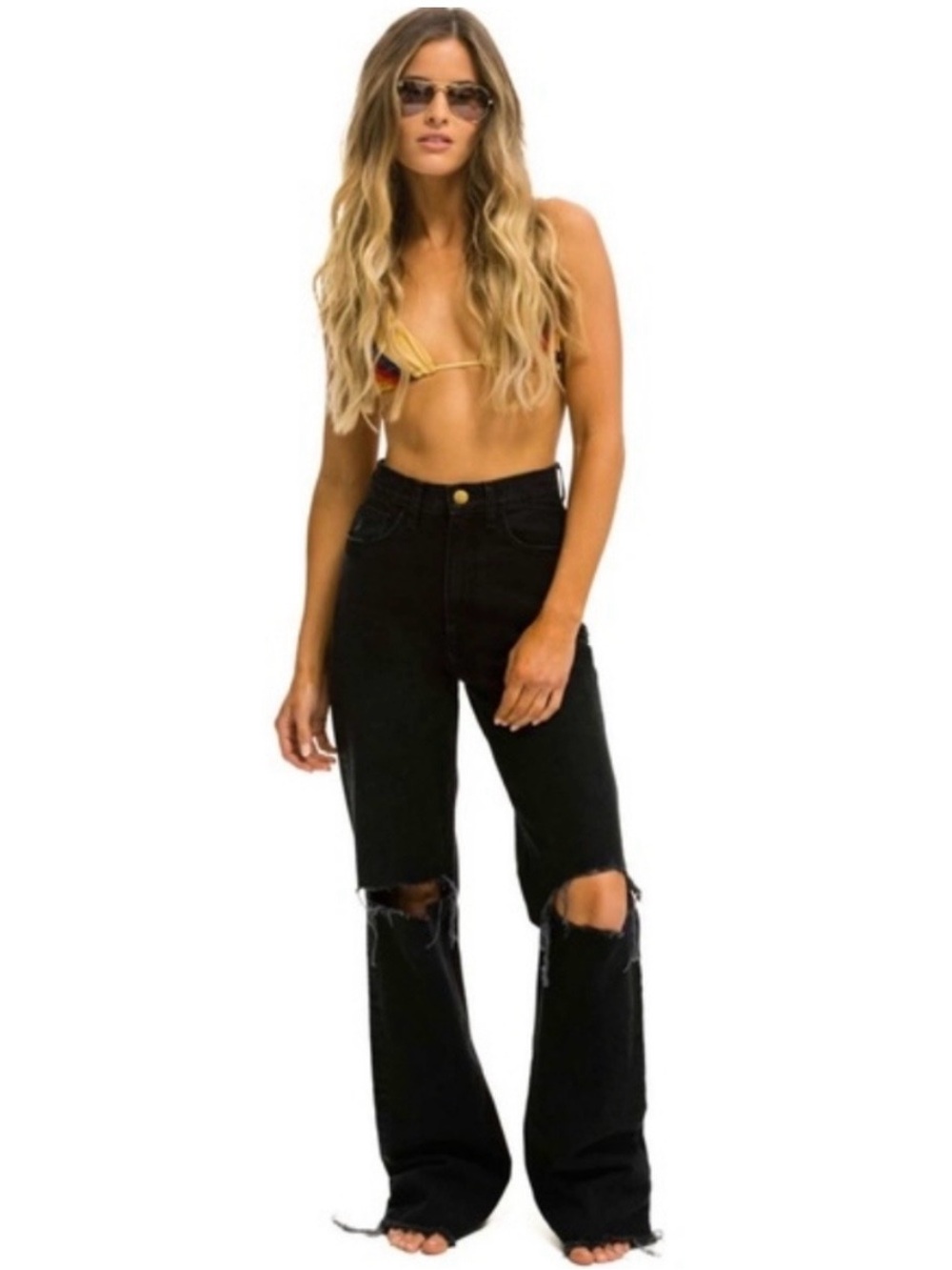 Aviator Nation Gypsy Hi Rise Wide Leg Jean Distressed Denim in Vintage Black 25 - Picture 11 of 11